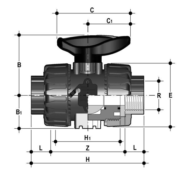 SANIT 535567001022110 2-ходовой шаровой клапан R 3/8 - 2, ВКД DualBlock®, PVC-U, резьбовые втулки  - Вид №1