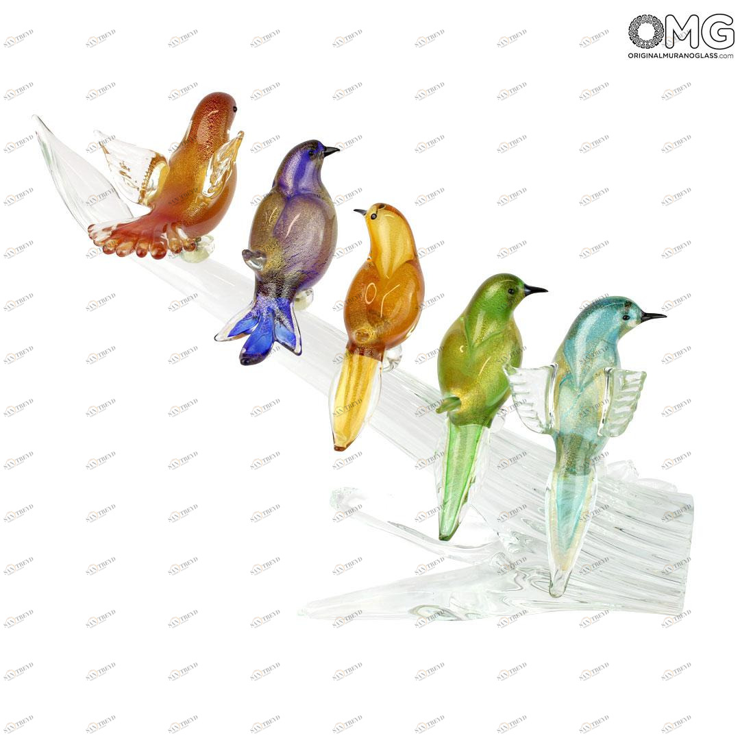 3883 ORIGINALMURANOGLASS Скульптура воробьи на ветке - золото 24 кт - муранское стекло OMG 33 см 