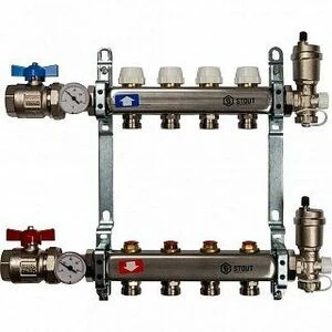 Распределительный коллектор из нерж. стали STOUT в сборе 3/4" х 1/4" х 4 выхода без расходомеров