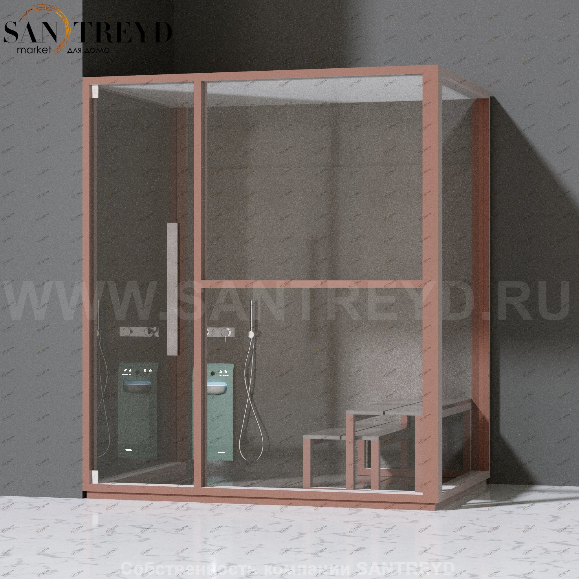 Effegibi H LARGE LO80030003 Комбинированная баня: хаммам и душ. Установка: в левый угол. Правая дверь. Мощность: 4,5 кВт макс. Размеры: длина 173 см, ширина 102 см. Отделка: матовый лакированный коричневый аллюминий и темный ламинат из керамогранита.