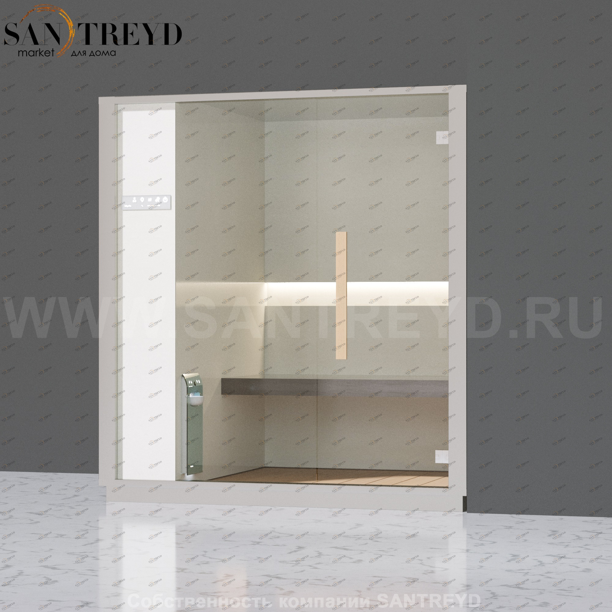 Effegibi ONE H LO60020008 Хаммам. Установка: в правый угол. Левая дверь. Мощность: 4,5 кВт макс. Размеры: длина 214 см, ширина 171 см. Отделка: матовый лакированный белый аллюминий и серый ламинат из керамогранита.