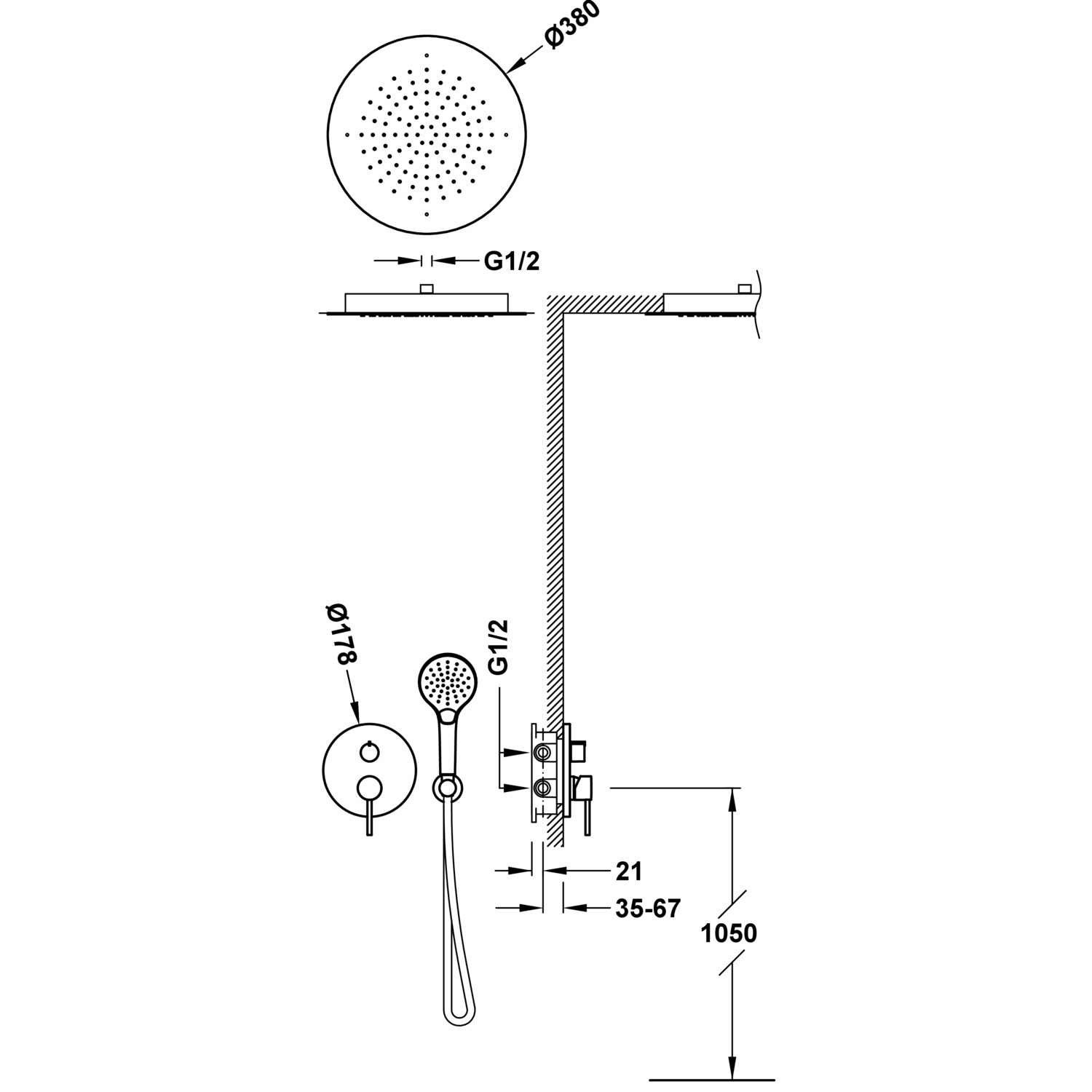 КОМПЛЕКТ смесителя для душа STUDY Rapid-box с 2-ходовым скрытым краном с одной ручкой-26228050AC TRES  - Вид №1