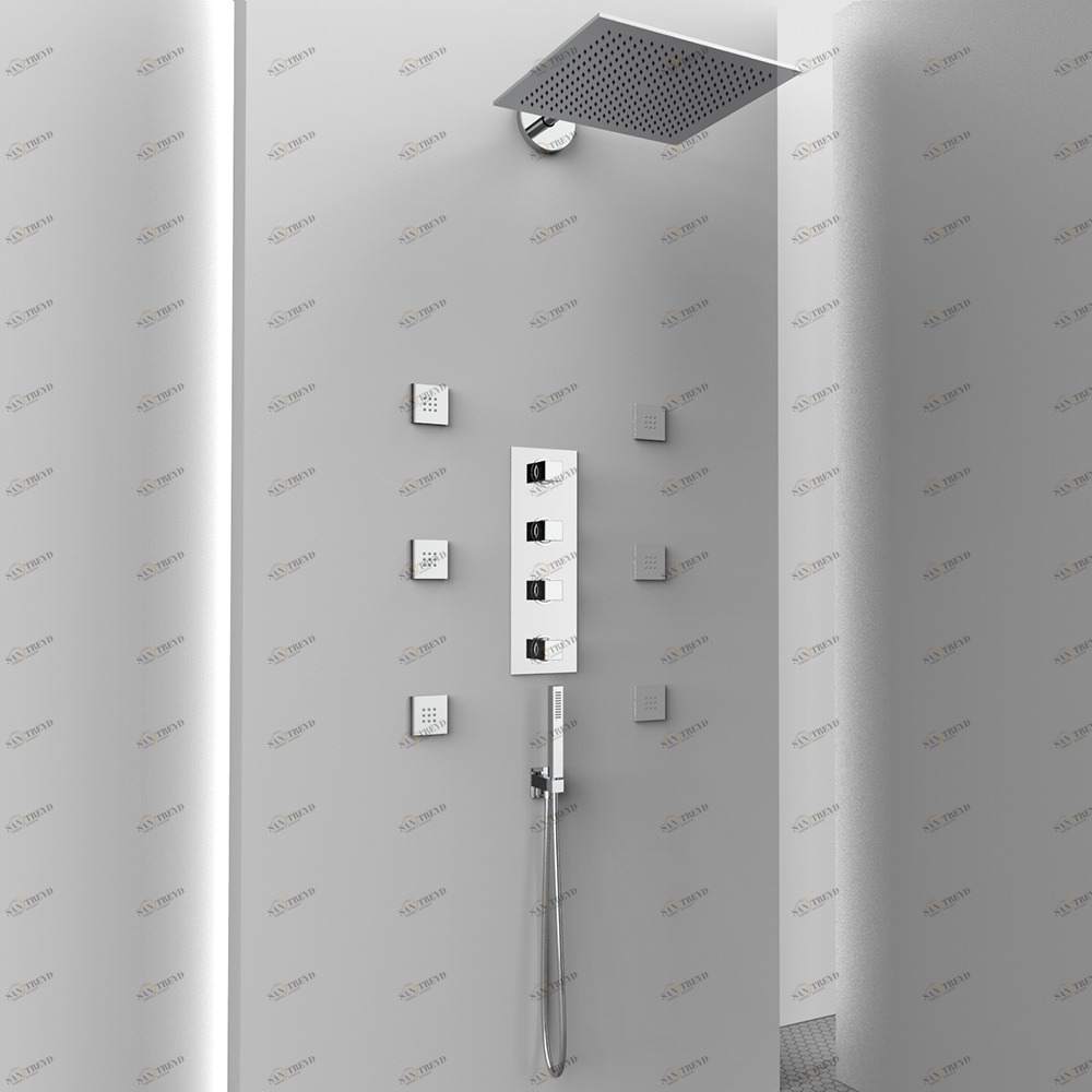 Graffio Квадратная внутренняя часть душа. <br /> Кронштейн, лейка для душа, 3-х сторонний термостат, <br /> подключение к водопроводу с / приставка, душ и гибкий шланг, 6 жетонов. AM440 T 