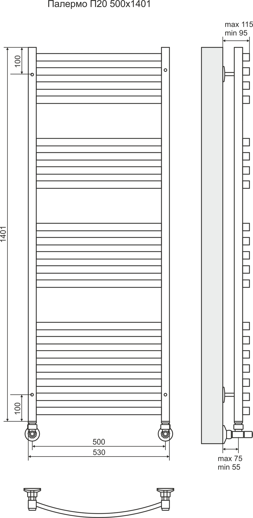 4620768886188 ЛЮКС Палермо П20 500х1401 (7+5+4+4) Полотенцесушитель TERMINUS Нержавеющая сталь - Вид №2