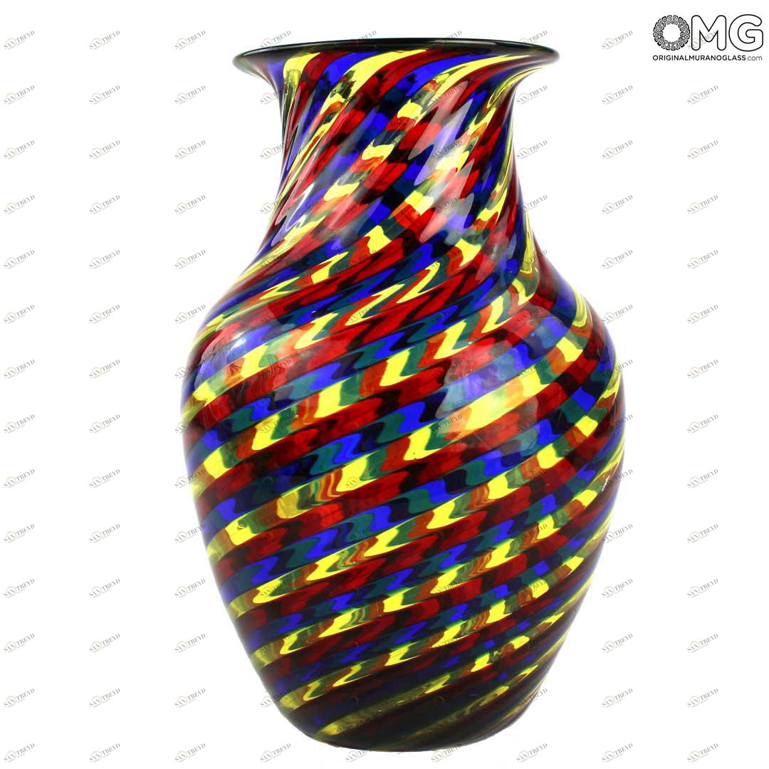 4330 ORIGINALMURANOGLASS Ваза Круговорот жизни в сине-красную полоску - Муранское стекло OMG 11 см 