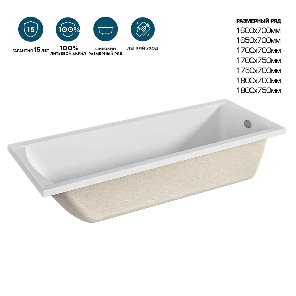 Ванна 100Acryl Ницца акриловая 165x70 см каркас в комплекте STLM-2113708 - Вид №7