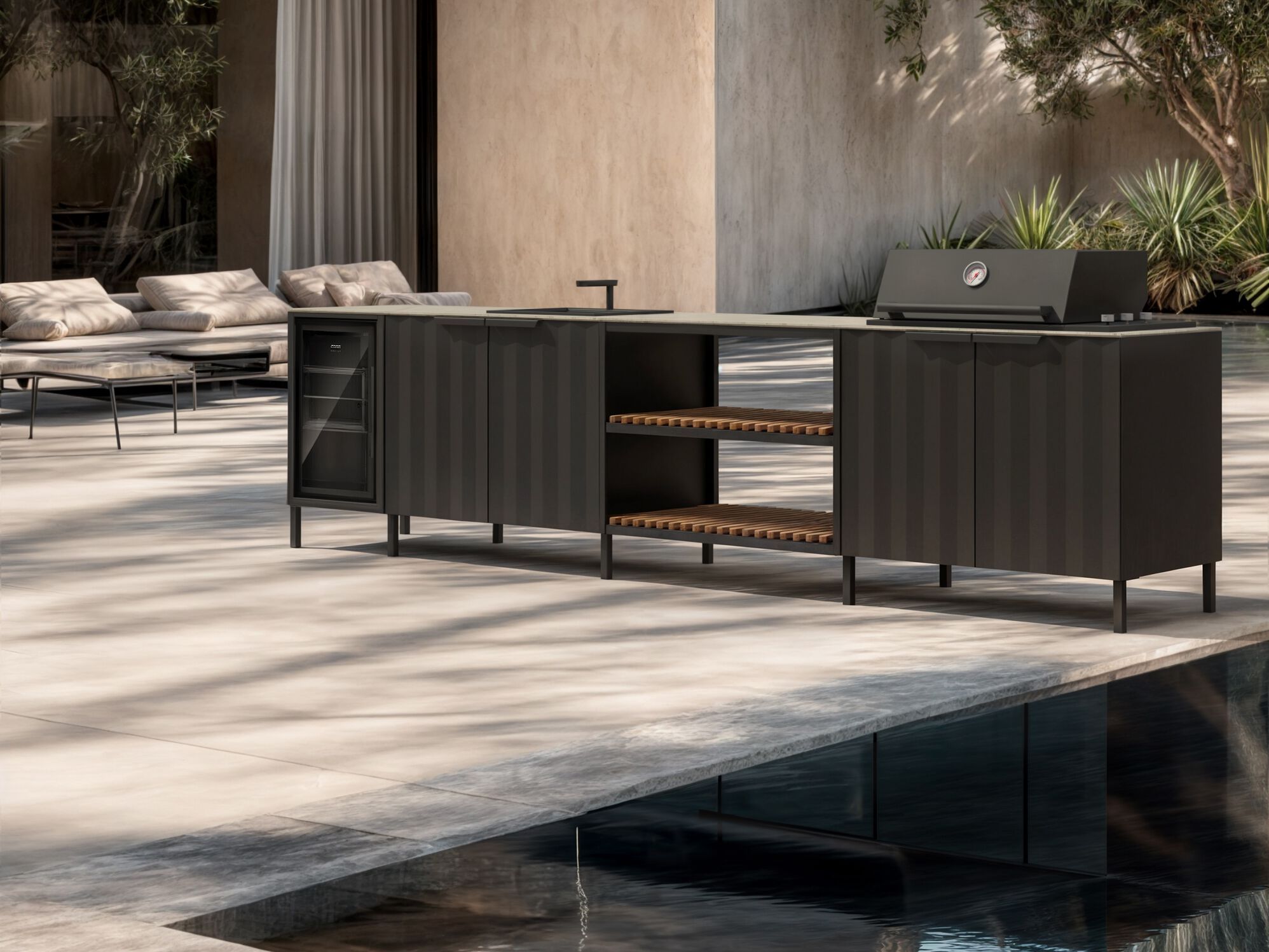 Открытая кухня с холодильником, раковиной, шкафом и барбекю Q-boo ARCH-00031081