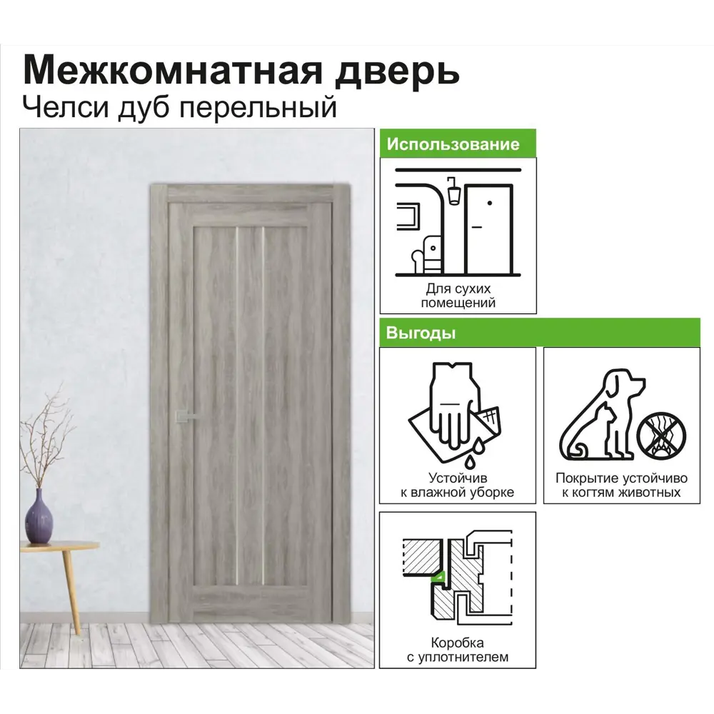 Дверь межкомнатная Челси глухая ламинация цвет дуб пепельный 60x200 см 82332428 STLM-2017812 BELWOODDOORS  - Вид №3