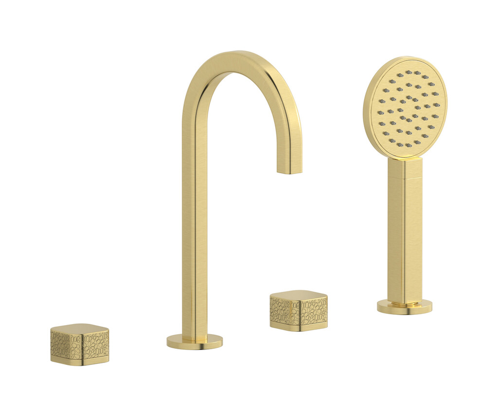 Смеситель на бортик ванной на 4 отверстий с дивертером и душевым гарнитуром. WE ARE IB eo396is_2 Brushed Pale Gold Elio