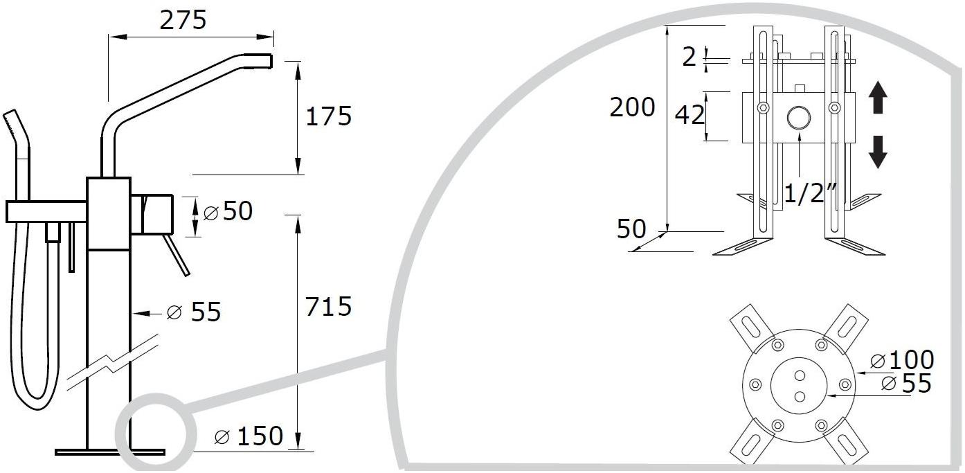 MINA Смеситель для ванны напольный из нержавеющей стали Corsivo 118711t - Вид №2