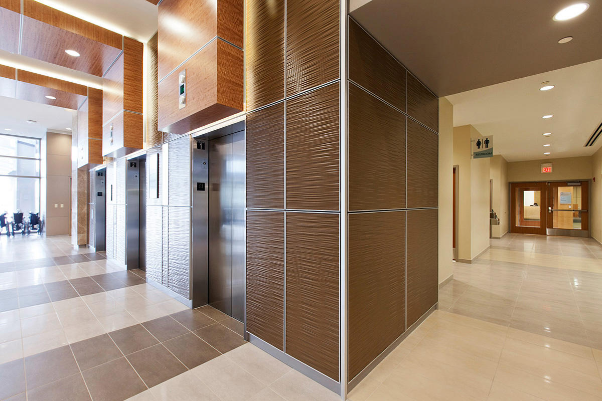 FSRT672 Система облицовки стен Levele с захватными панелями; вставки из склеенной бронзы с натуральной патиной и узором калахари; панели лайтплана из хромисового стекла vivichrome с белой прослойкой и стандартной отделкой в ​​princeton medical arts pavili Forms-surfaces  - Вид №18