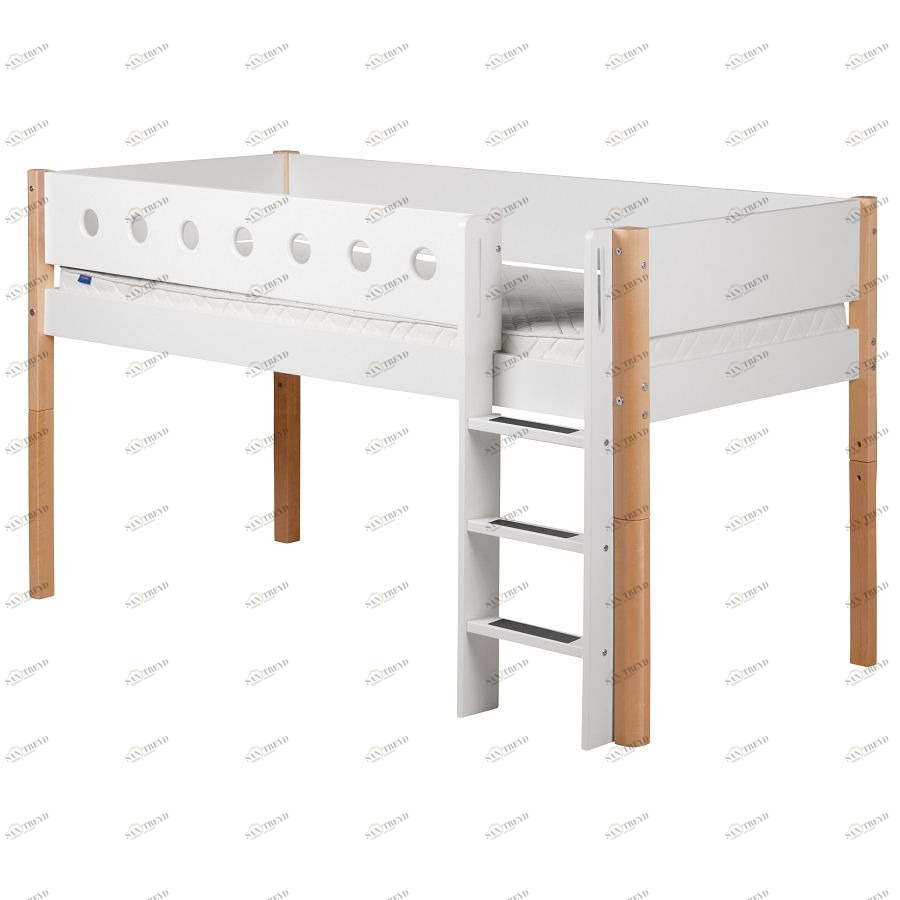 Кровать Flexa White с лестницей, 200 см, белая лакированная 801730995
