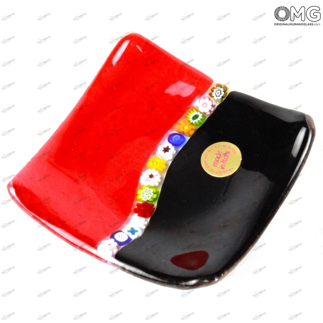555 ORIGINALMURANOGLASS Квадратное черно-красное блюдце Муррина -Murrina rosso nero муранское стекло OMG 9 см 
