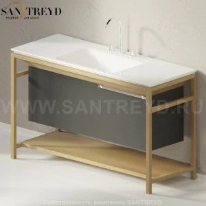 Раковина столешница с деревянной консолью натуральный дуб OTTOCENTO XL с 3 отверстиями центр белая