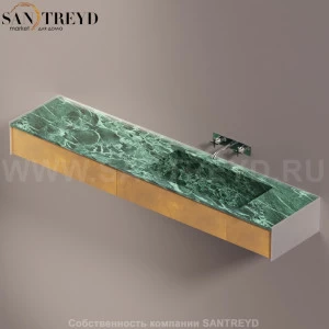 Agape DR Раковина столешница 220 см, с 3-мя выдвижными ящиками. Отделка: хромированный сатин, зеленый мрамор и натуральная кожа ADRP22CDPVPNA