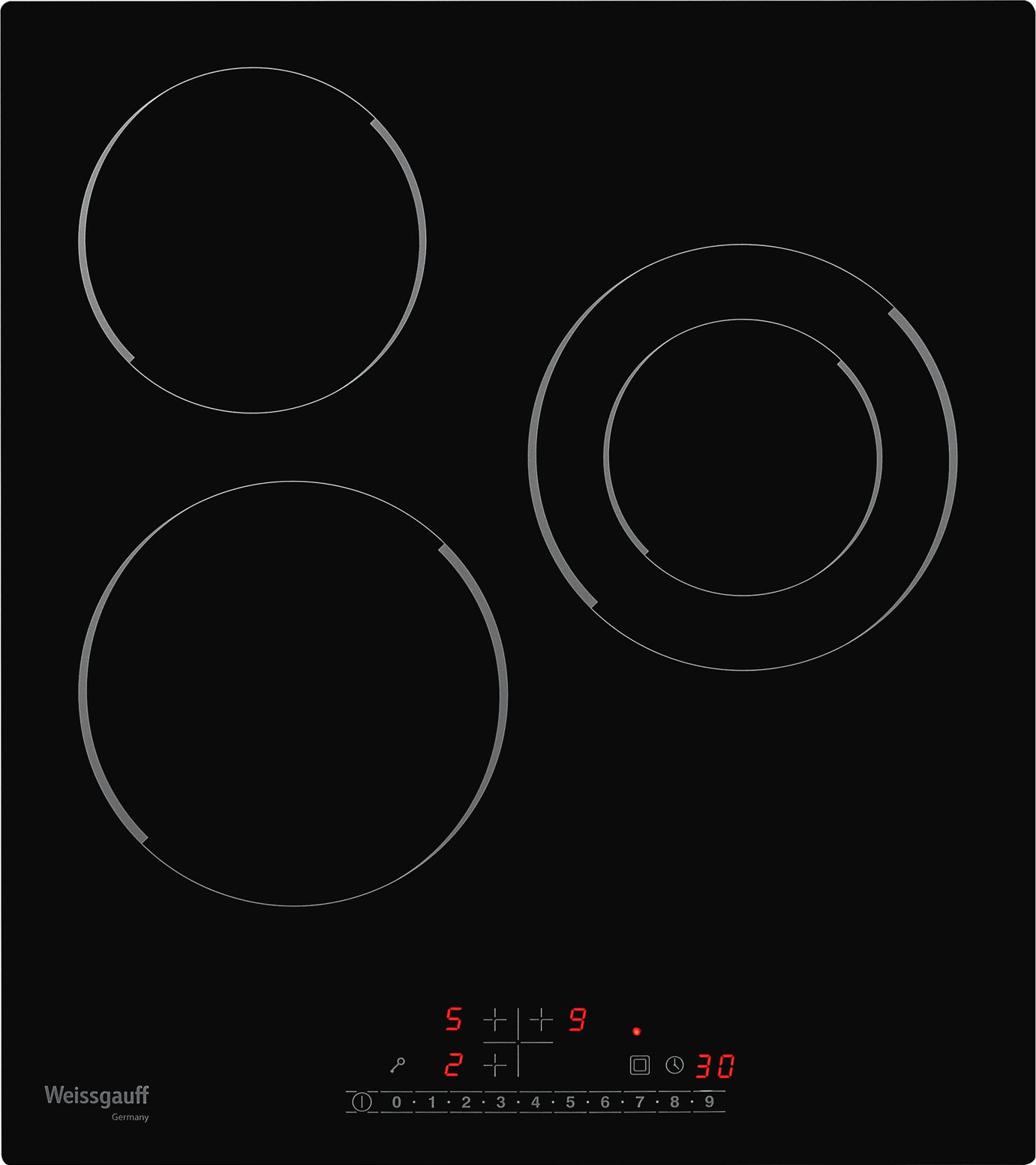HV 431 B Электрическая, 45 см, 3 конфорки, 1 конфорка с двойной зоной нагрева, стеклокерамика vitro ceramic glass, сенсорное управление, индикация степени нагрева, таймер, звуковой сигнал, блокировка от детей, черная Weissgauff Santreyd 