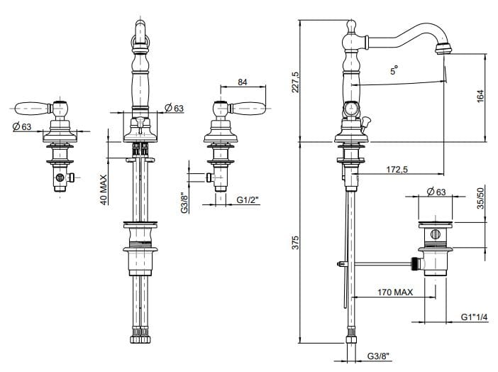 Смеситель для раковины с 3 отверстиями Rubinetterie Frattini Lybra M Style ARCH-00033401 - Вид №4