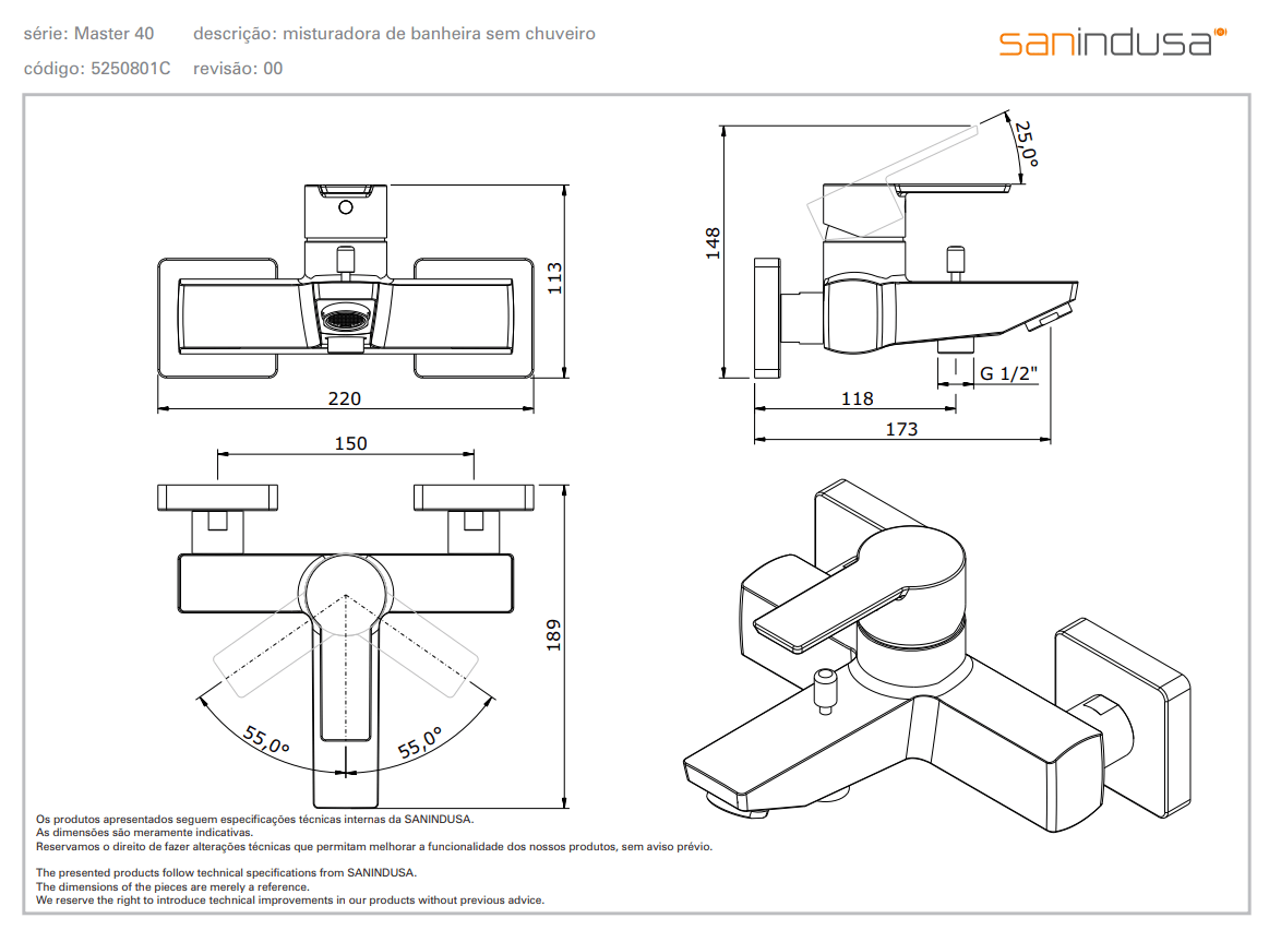 Смеситель для ванны Sanindusa Master 40 525080111C - Вид №1