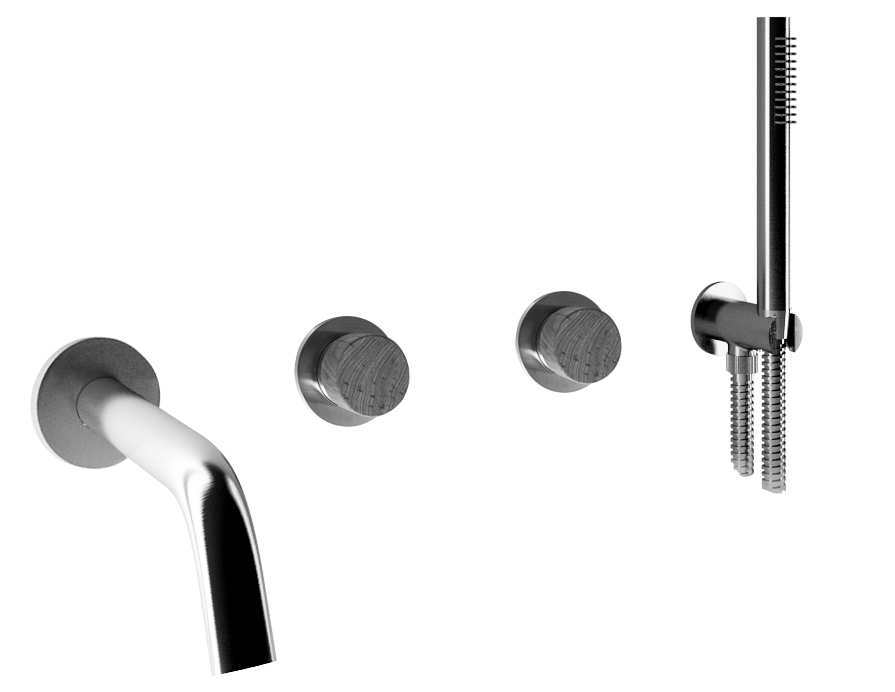 69530 / D Смеситель для ванны и душа из матовой нержавеющей стали 316 с душевым набором, традиционным картриджем и ручками из тикового дерева. Bongio Time2020 Wood 69530/D