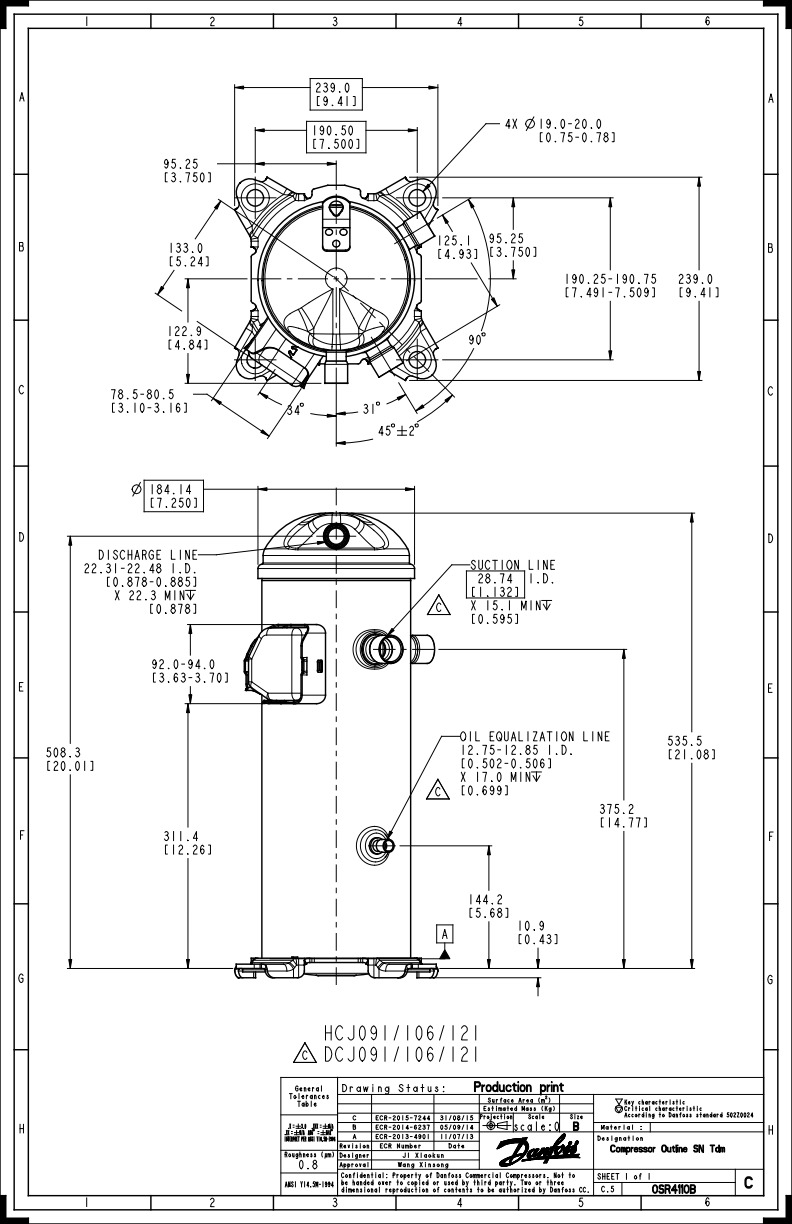 Danfoss DCJ — Герметичные спиральные компрессоры, R401A DCJ106T4LC8 Компрессор спиральный 121L5035  - Вид №4