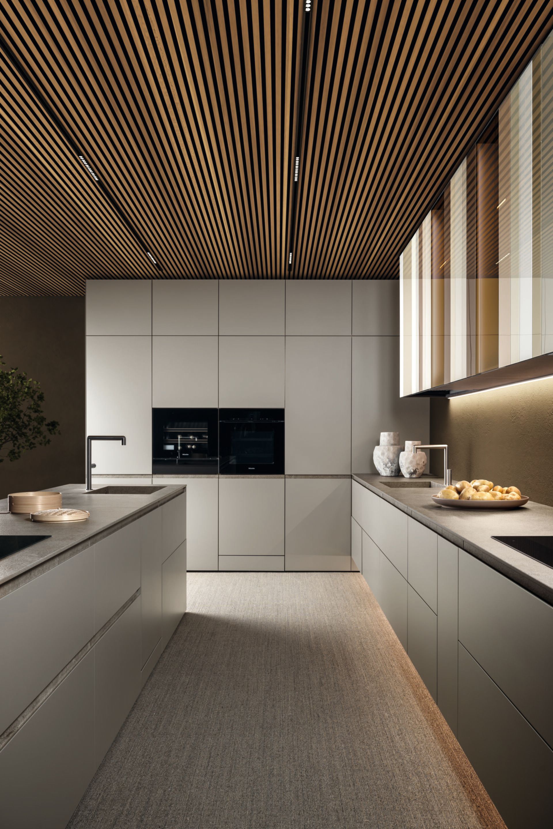 Деревянная и стеклянная кухня без ручек с островом Lago N. O. W ARCH-00139930 - Вид №1