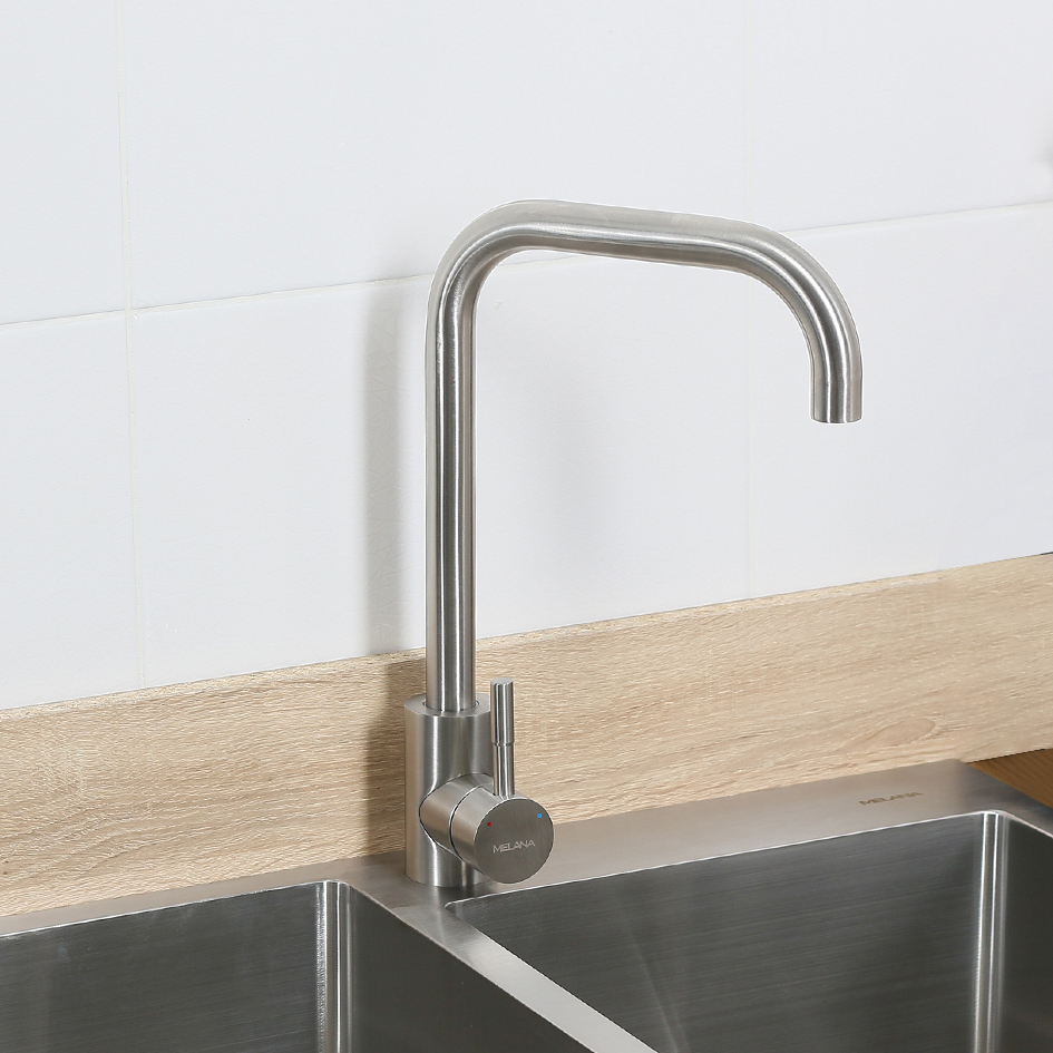 Смеситель д/кухни MELANA-610104 Tondo нерж.сталь, однорычажный, сатин, литой излив