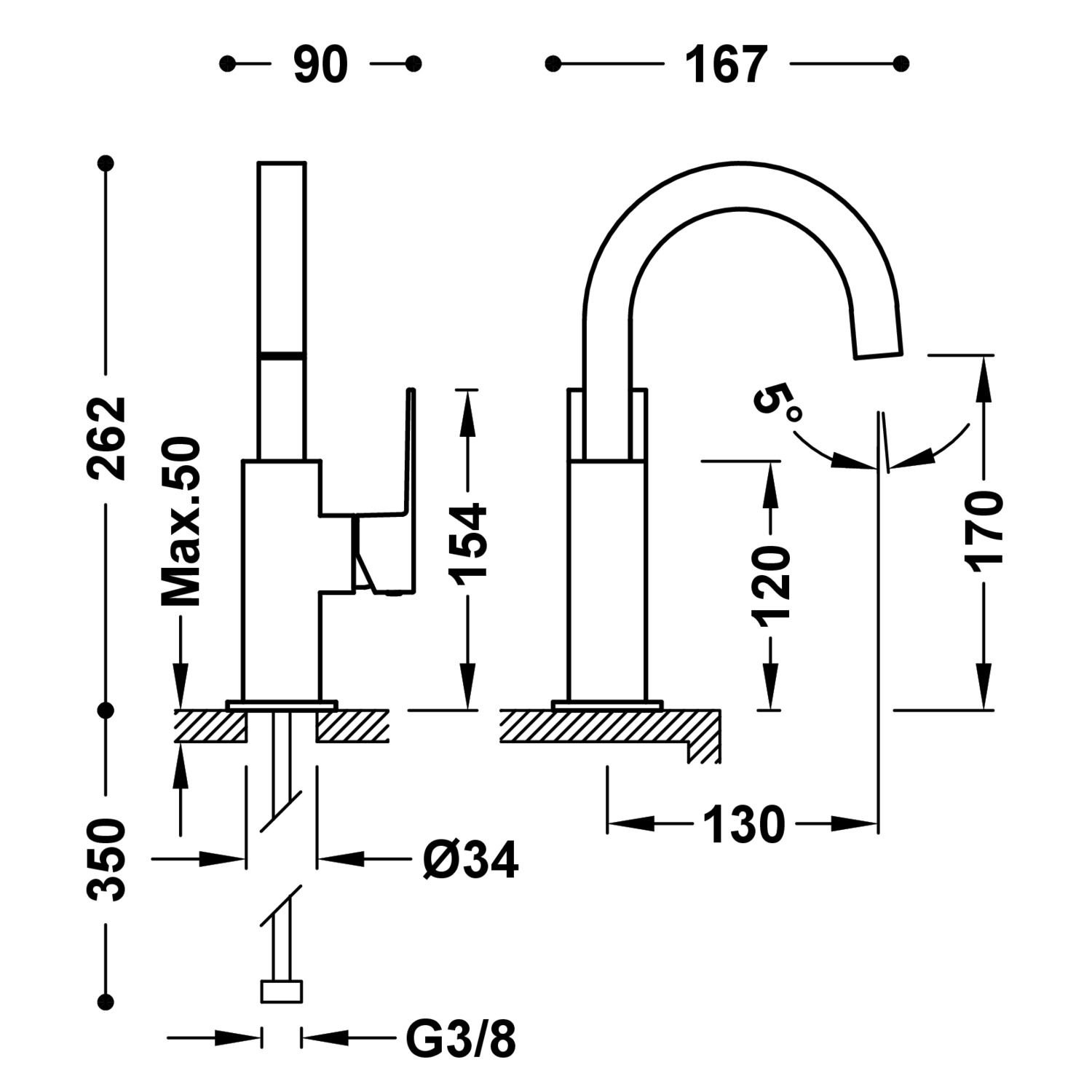 Смеситель для умывальника CUADRO с одной ручкой и боковым рычагом-00660502OR TRES  - Вид №1