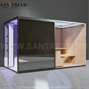 Effegibi BODYLOVE SH BL45140009 Боковая комбинированная баня: хаммам и сауна. Установка: к стене. Мощность: 15 кВт макс. Размеры: длина 393 см, ширина 176 см. Отделка: канадский хемлок, трубчатое стекло и зеркало.