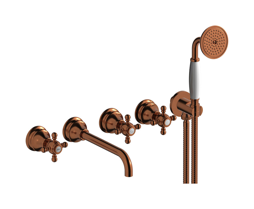 Настенный смеситель для ванной на 5 отверстий с дивертером и душевым гарнитуром. WE ARE IB hr398rr Antique Copper Hermes
