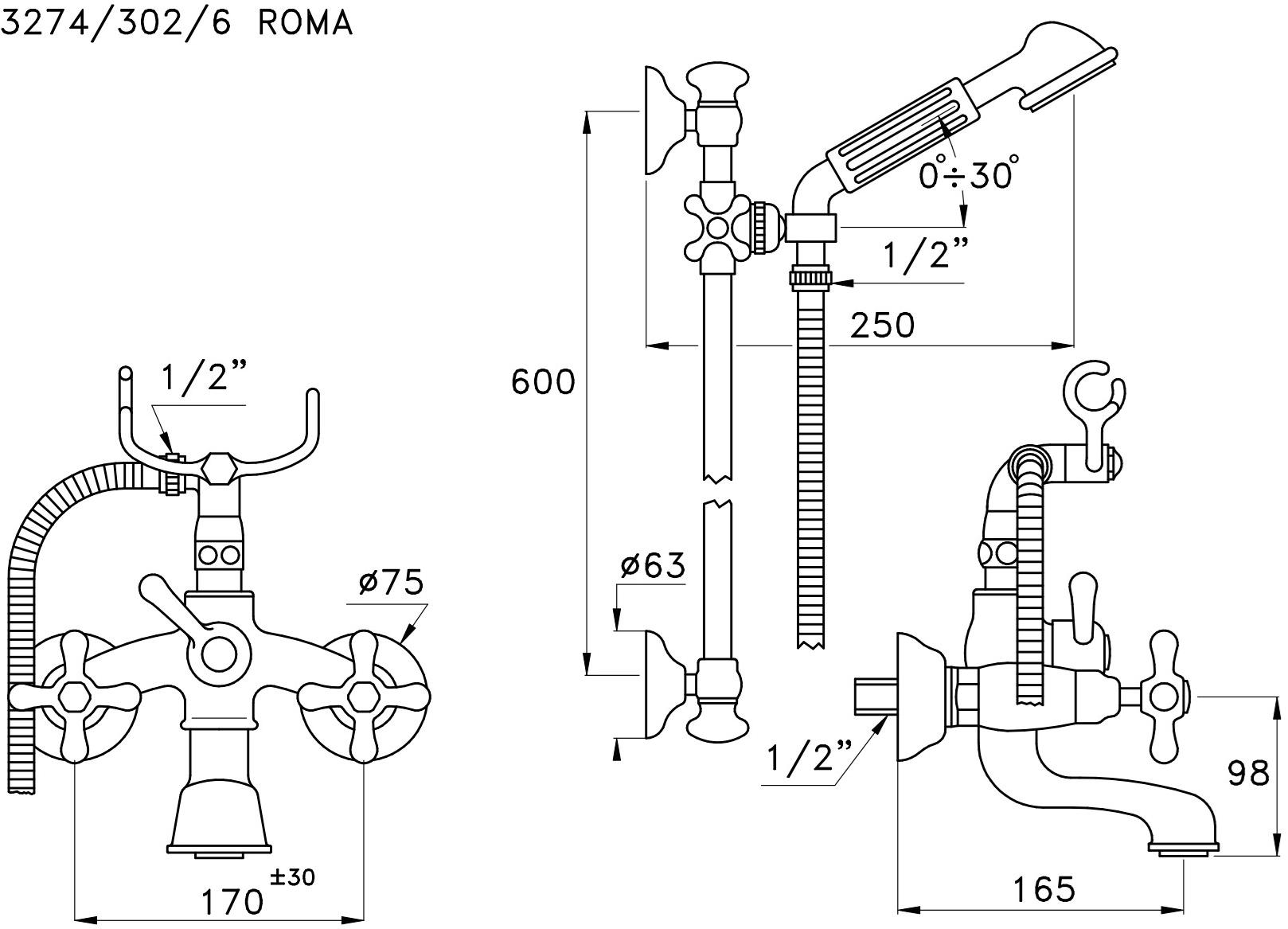 RUBINETTERIE STELLA Смеситель для ванны настенный Roma sun-id-1439541 - Вид №1
