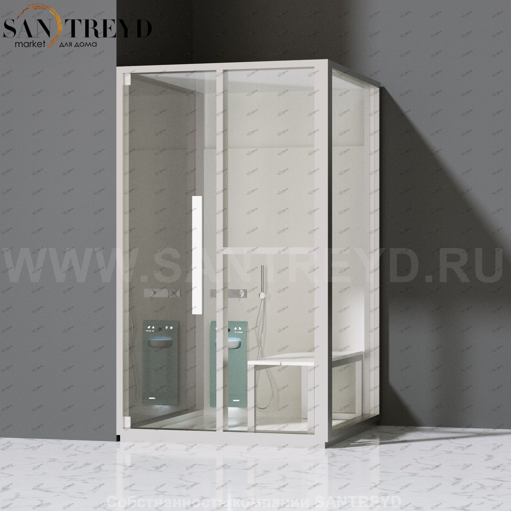 Effegibi H SMALL LO82020003 Комбинированная баня: хаммам и душ. Установка: в левый угол. Правая дверь. Мощность: 3 кВт макс. Размеры: длина 131 см, ширина 92 см. Отделка: матовый лакированный белый аллюминий и серый ламинат из керамогранита.