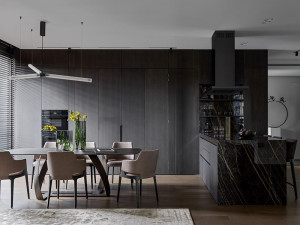 Выдвижная линейная кухня с керамогранитным полуостровом