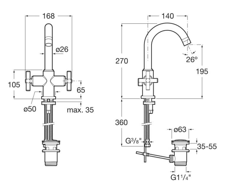 Смеситель для раковины из хромированной латуни с автоматическим сливом Roca лофт ARCH-00140089 - Вид №2