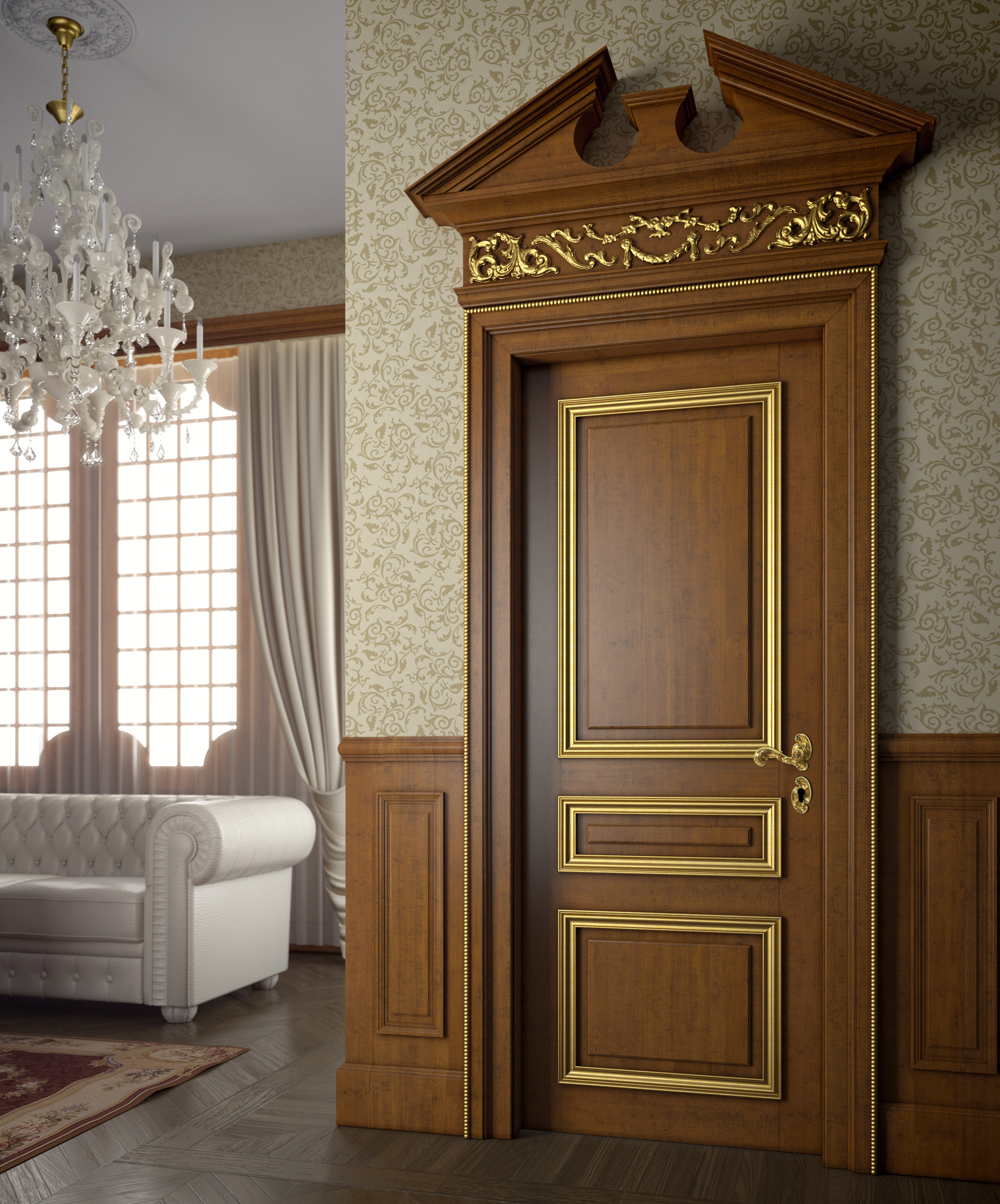 V3-5 Tifernoit Дверь цвета ореха с золотыми рамами Porte  - Вид №1