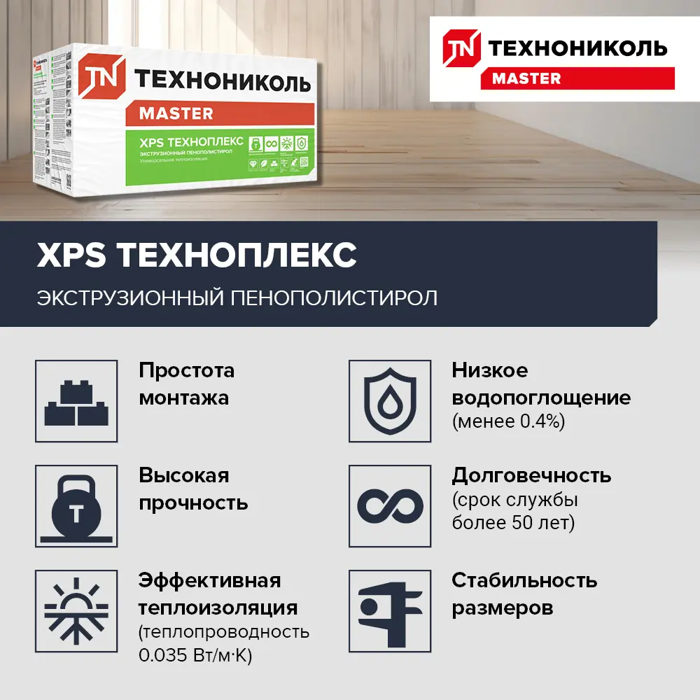 Экструдированный пенополистирол XPS 100 мм Техноплекс 580x1180 мм 0.68 м² ТЕХНОНИКОЛЬ STLM-2071311 - Вид №2