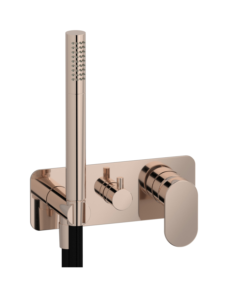 Внешние части встроенного в стену смесителя на 2 потребителя в комплекте с душевым гарнитуром. WE ARE IB k2313rs Rose Gold K2