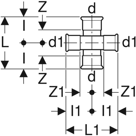21506 Крестовина двухплоскостная Geberit Mapress из углеродистой стали, редукционная, с уступом Geberit  - Вид №2