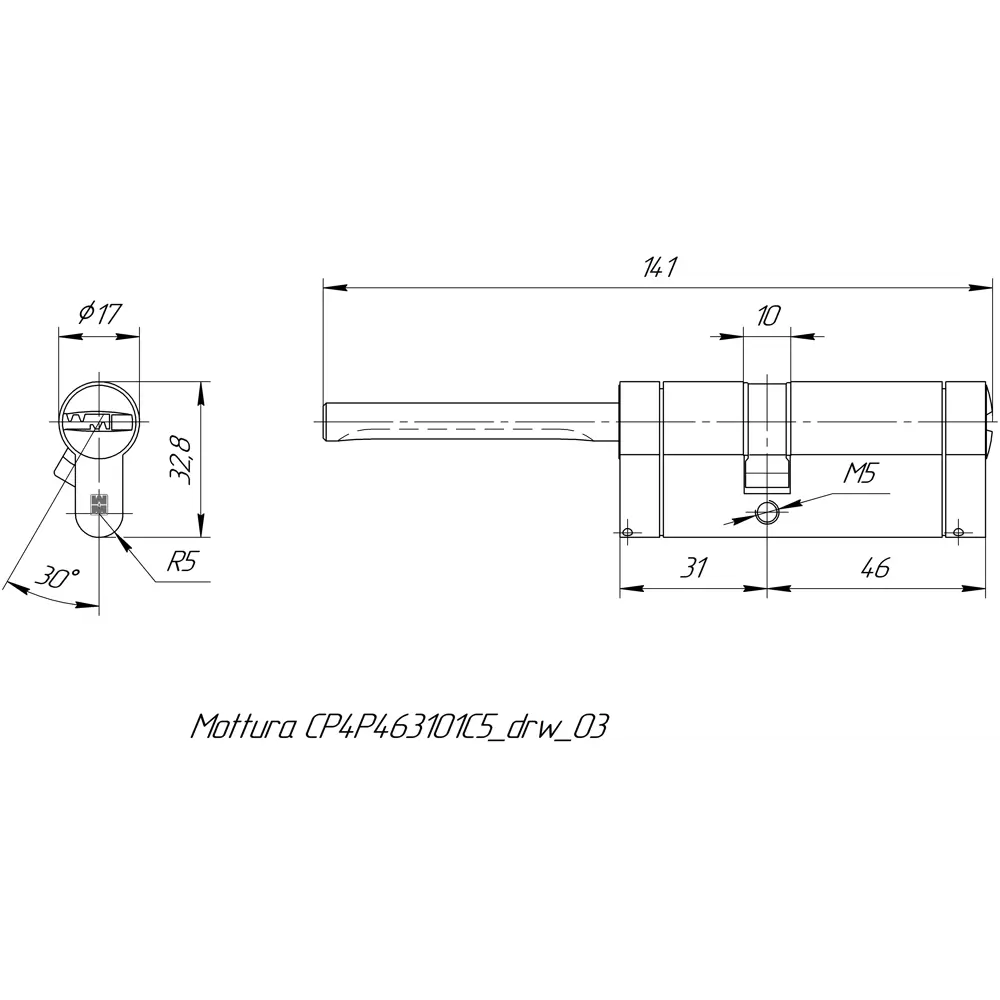 Цилиндр Mottura Champions Pro CP4P463101C5, 41x10x26 мм, ключ/шток, цвет матовый никель, без вертушки STLM-2021144 - Вид №4