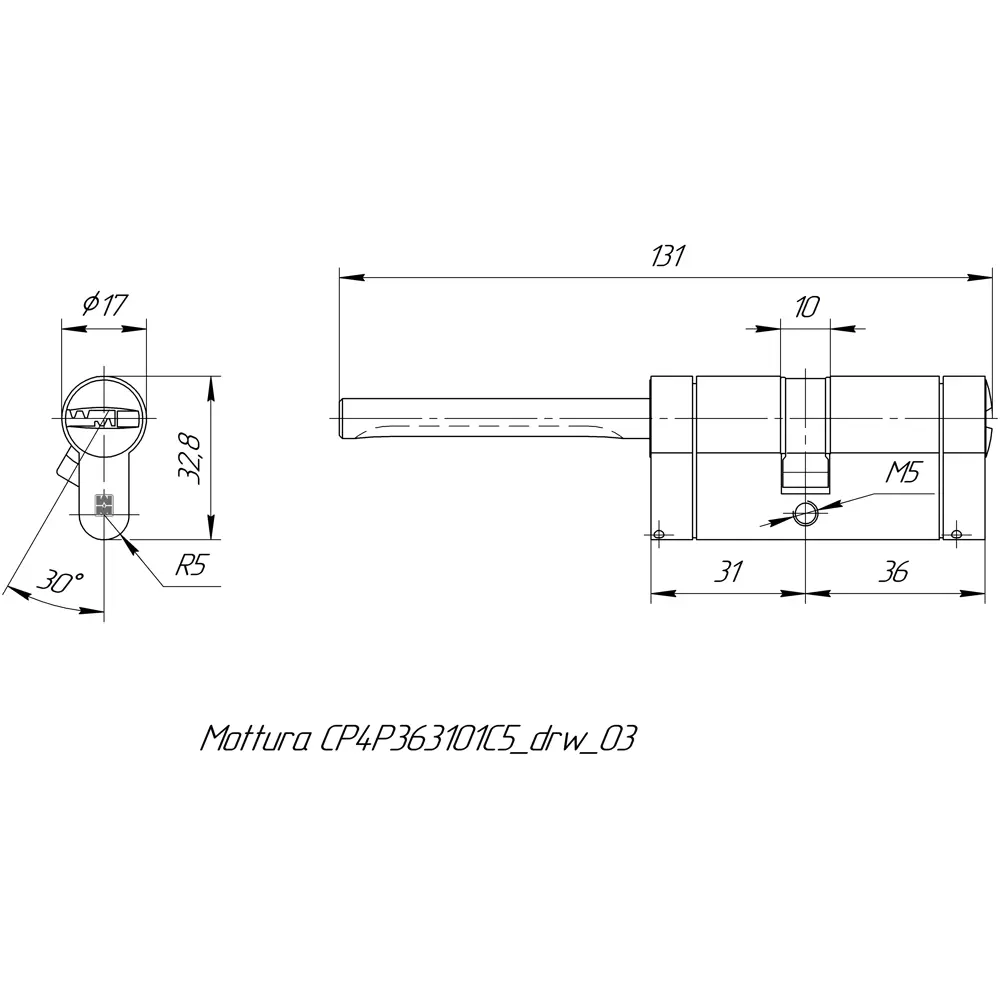 Цилиндр Mottura Champions Pro CP4P363101C5, 31x10x26 мм, ключ/шток, цвет матовый никель, без вертушки STLM-2098414 - Вид №4