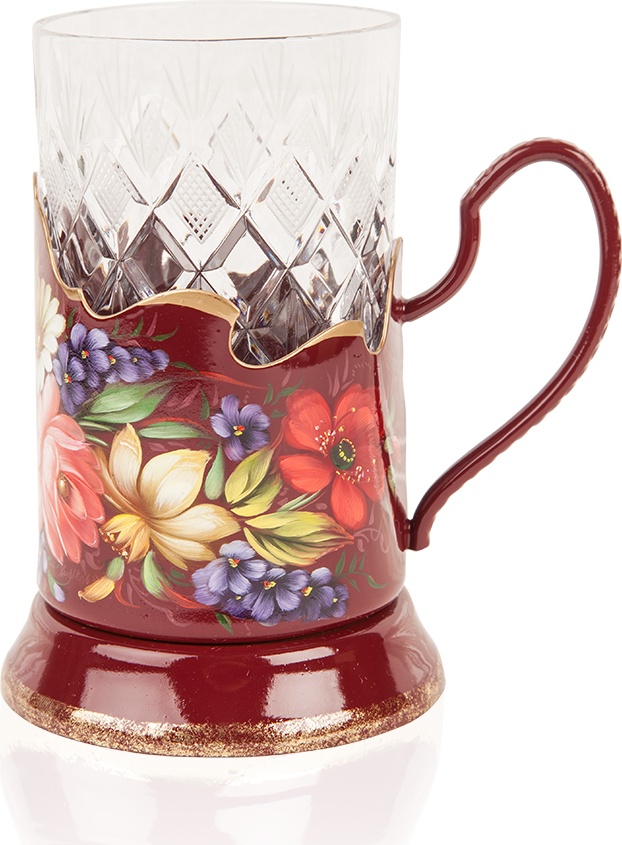 10608886 Жостовская фабрика декоративной росписи Подстаканник с хрустальным стаканом (худ.роспись) Латунь 