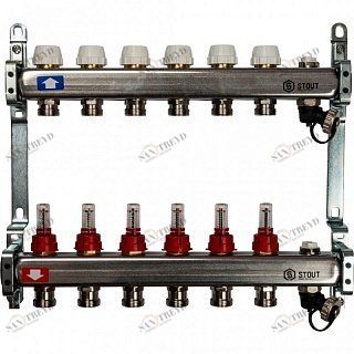 Коллектор из нерж. стали на 6 вых. с расходомерами, сливом и клапаном STOUT SMS0927000006