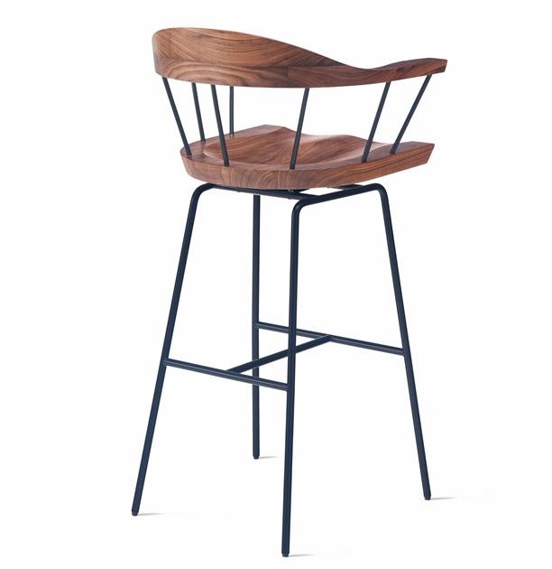 BassamFellows Высокий барный стул из стали и дерева с подлокотниками Spindle Cb-285 - Вид №3