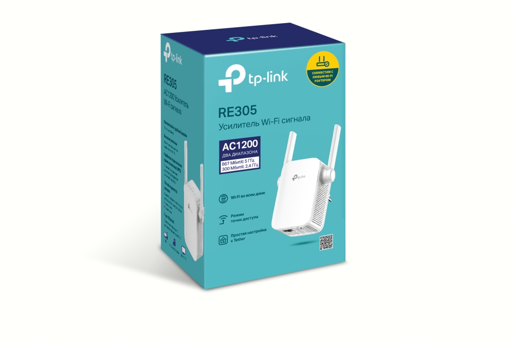 RE305 Ac1200 wi-fi range extender, wall plugged, 867mbps at 5ghz + 300mbps at 2.4ghz, 802.11ac/a/b/g/n, 1 10/100m lan, wps button, 2 fixed antennas TP-Link Santreyd  - Вид №2