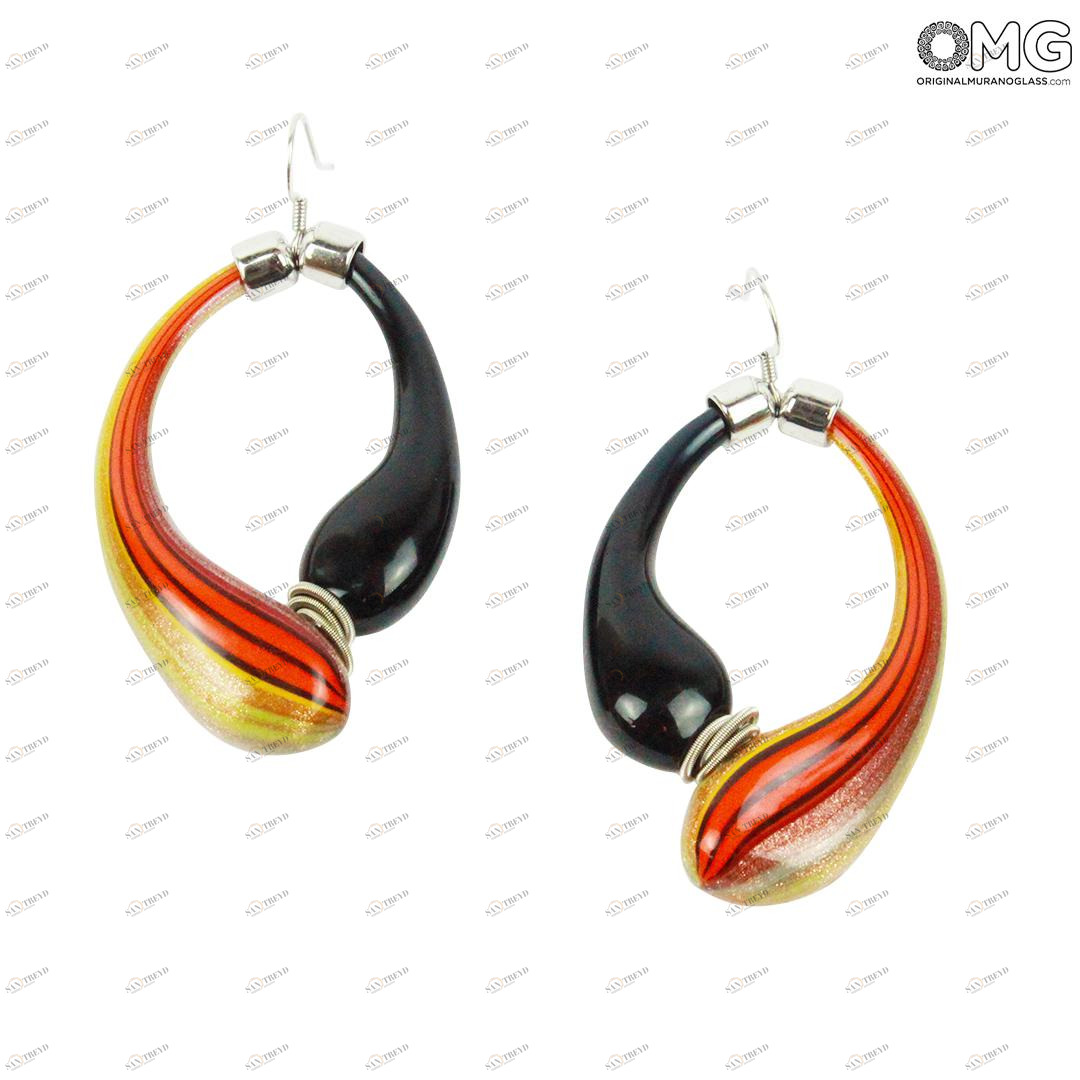 802 ORIGINALMURANOGLASS Серьги Дениз зеленые-оранжевые-золотые - муранское стекло OMG 5 см 