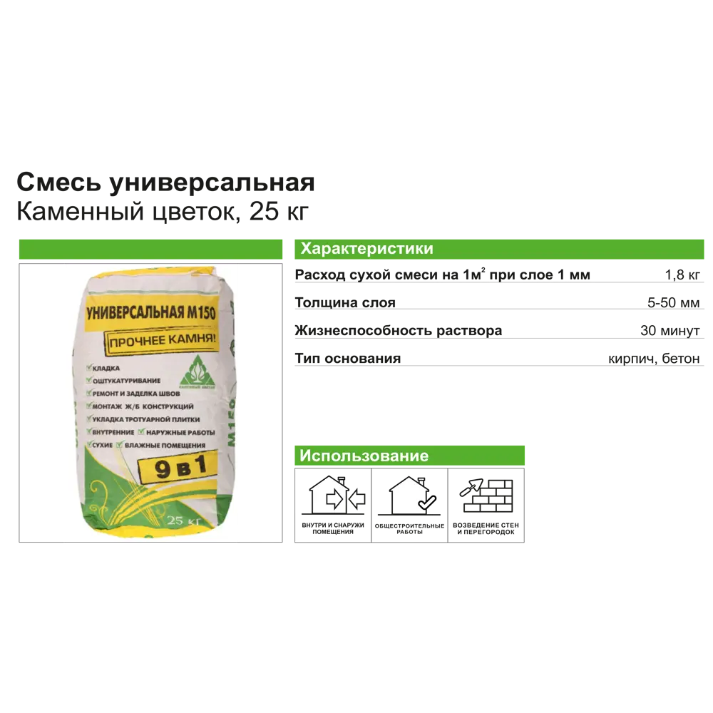 КАМЕННЫЙ ЦВЕТОК Универсальная цементная смесь M150 для строительных работ 25 кг 12627951 STLM-0002311 - Вид №3