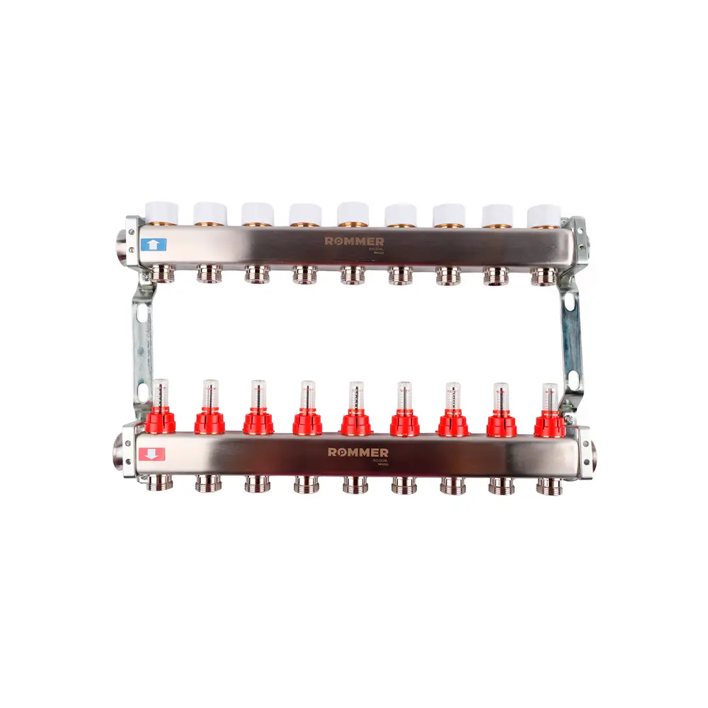 Коллектор с расходомером Rommer 1"x3/4" 9 выходов нержавеющая сталь RMS-1200-000009 STLM-2086219