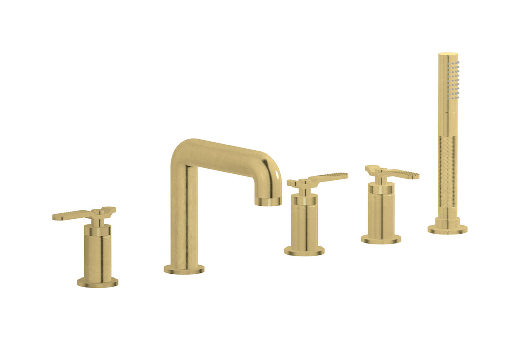 Смеситель на бортик ванной на 5 отверстий с дивертером и душевым гарнитуром. WE ARE IB b2396on Natural Brass Bold
