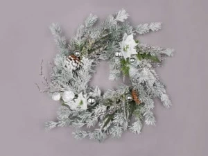 Венок еловый "Рождественская звезда" заснеженный с белыми пуансеттиями и шишками HOLIDAYC ЕЛИ ИСКУСТВЕННЫЕ, НОВОГОДНИЙ ДЕКОР 017737 Зеленый;белый