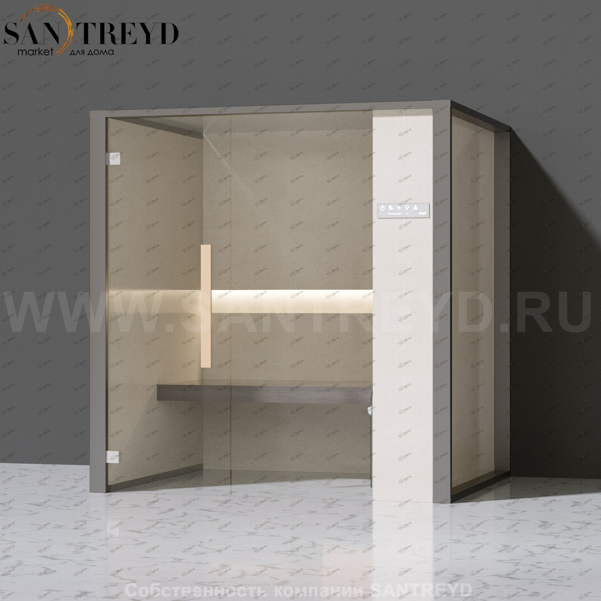 Effegibi ONEFILO H LO61010001 Хаммам. Установка: к стене. Правая дверь. Мощность: 4,5 кВт макс. Размеры: длина 214 см, ширина 171 см. Отделка: матовый лакированный серый аллюминий и бежевый ламинат из керамогранита.