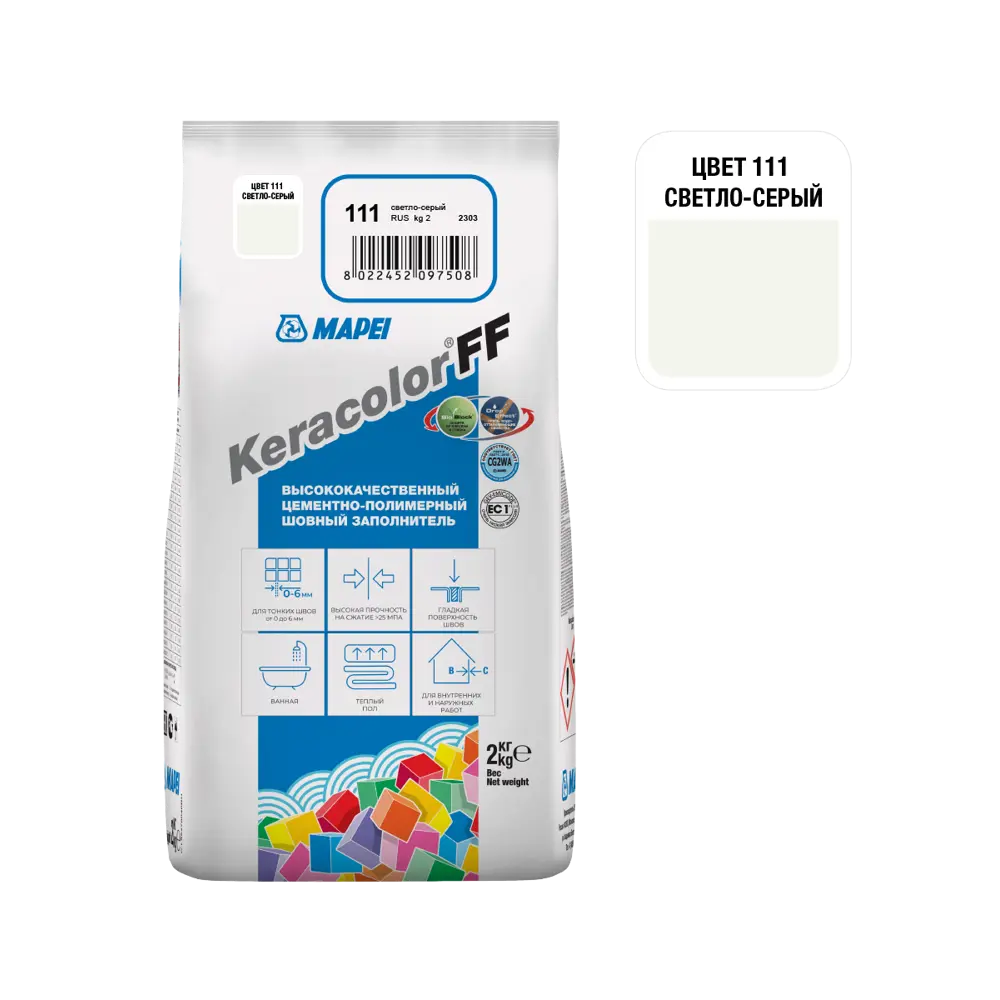 Затирка цементная MAPEI Keracolor FF для плитки и мозаики, светло-серый 2 кг 81981432 STLM-0016523 - Вид №1